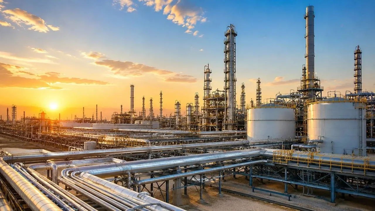 Refinery processing towers and pipelines at sunset