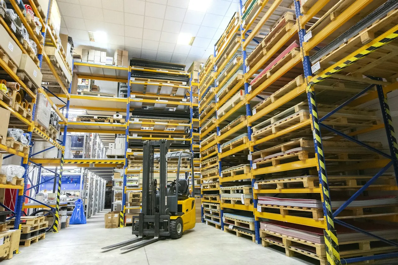 Industrial supply warehouse with stocked material racks