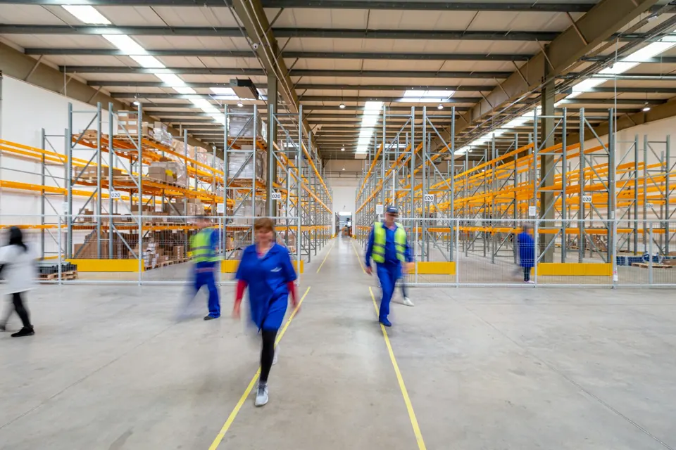 Industrial warehouse with organized storage racks
